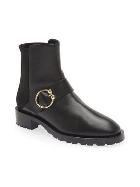 $650 Stuart Weitzman LUXERING 5050 BOOT BLACK LEATHER LUG SOLE GOLD 8 (PA14)